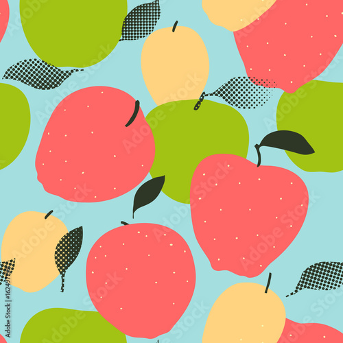 Apple fruits seamless pattern. Red, green and golden apples with leaves on grungy background. Trendy flat illustration