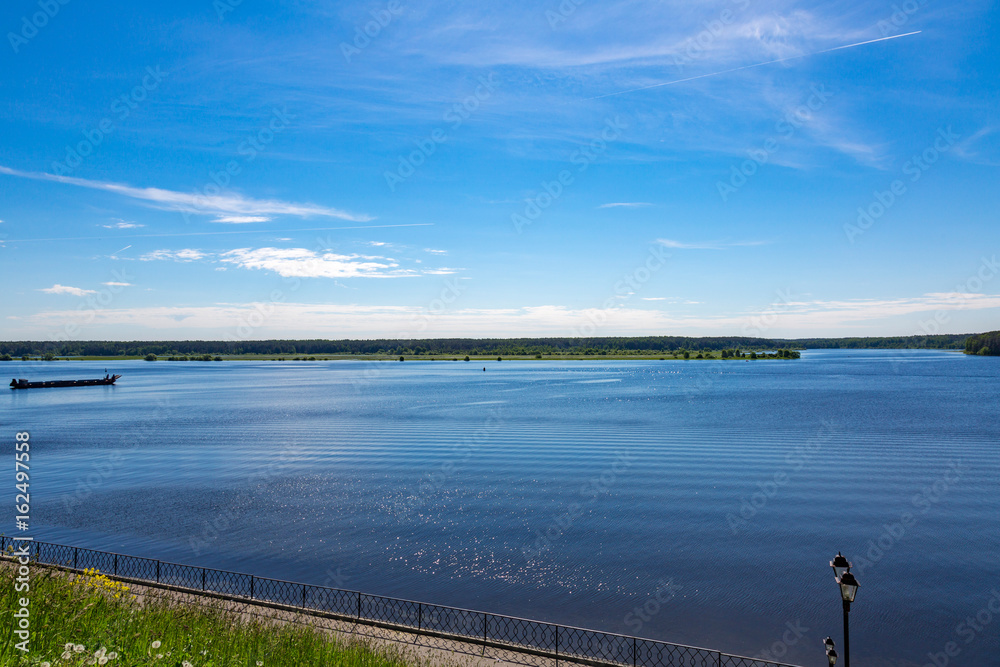 The shore of the grandiose Russian Volga river near the town of Myshkin on a summer day. Yaroslavl region
