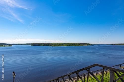 The shore of the grandiose Russian Volga river near the town of Myshkin on a summer day. Yaroslavl region  