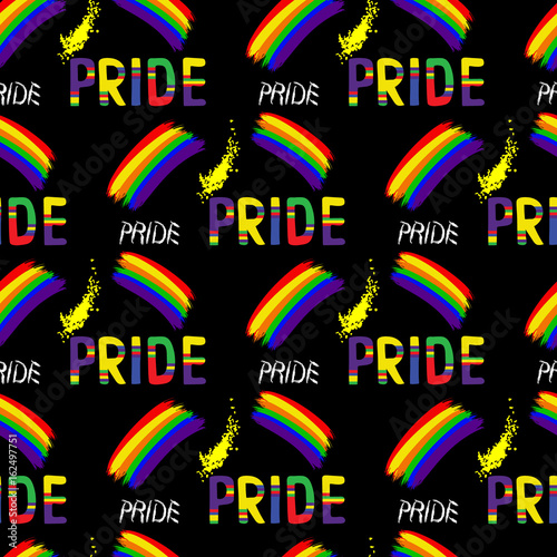 Colored rainbow letters of the handwritten text Pride. Seamless pattern on the theme of LGBT parade, vector design