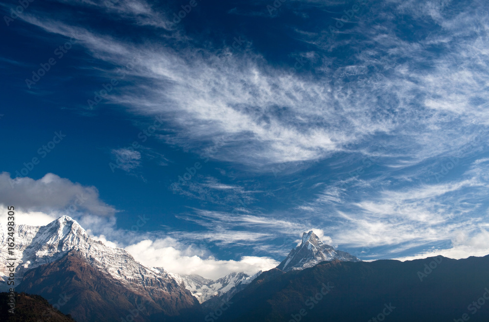 Panorama of mount Annapurna and mount Machapuchare (Fishtail) in Nepal Himalaya