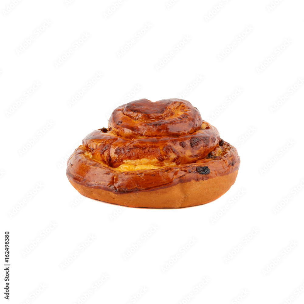 Home-made baking: Bun with raisins, isolated on white