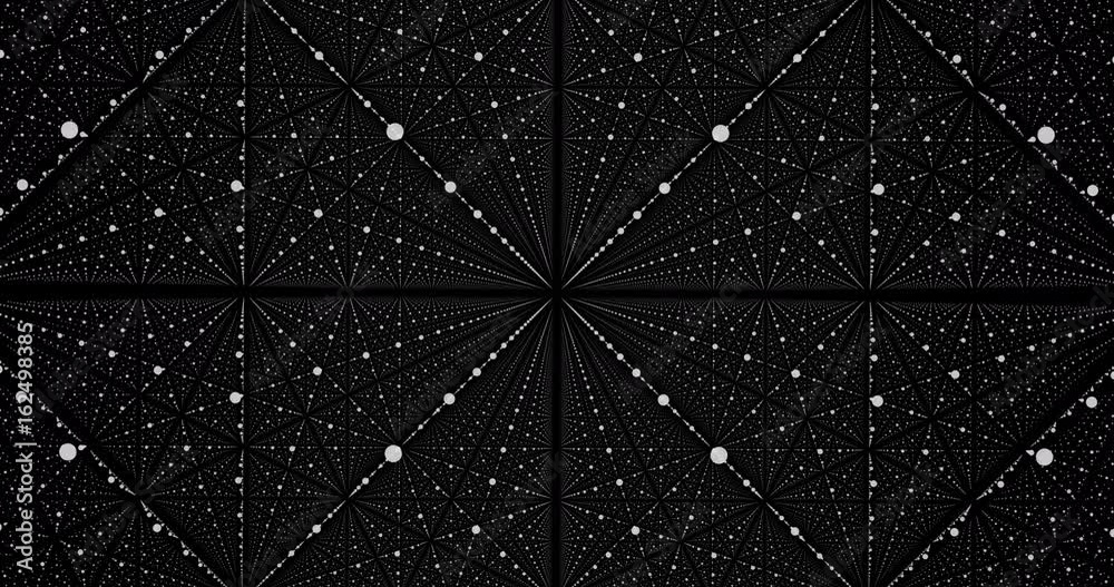 Moving through abstract fractal point matrix lattice. Fly into geometric point structure. 4k infinite space dynamic background. Abstract futuristic universe on dark background
