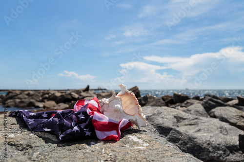 US Flag and seashell on the rock at tropical beach background.
