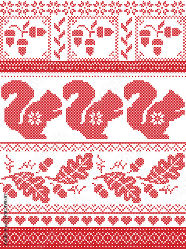 Scandinavian and Norwegian Christmas culture inspired festive winter pattern in cross stitch with squirrel, acorn, oak leaf, love heart , snowflake, square tiles ornaments in red and white
