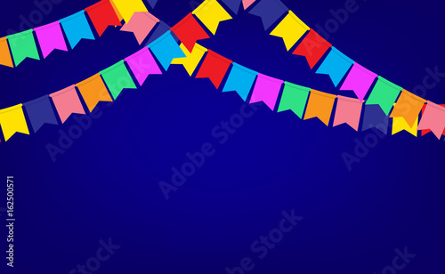 Blue banner with garland of color Party flags