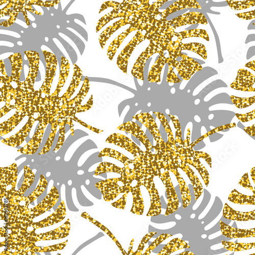 Tropical seamless pattern with monstera leaves and golden glitter texture. Vector illustration