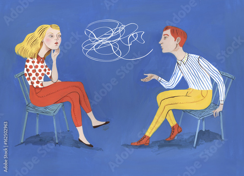 Woman and man sitting on chairs talking photo