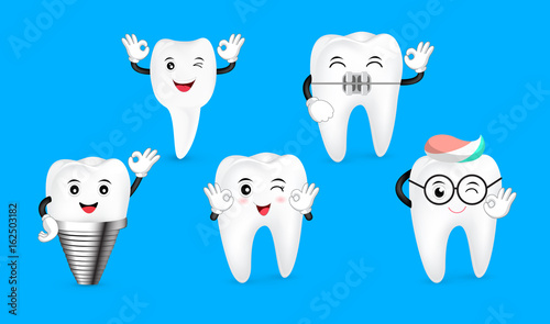 Set of cute cartoon tooth showing ok hand sign. Dental care concept. Illustration isolated on blue background.