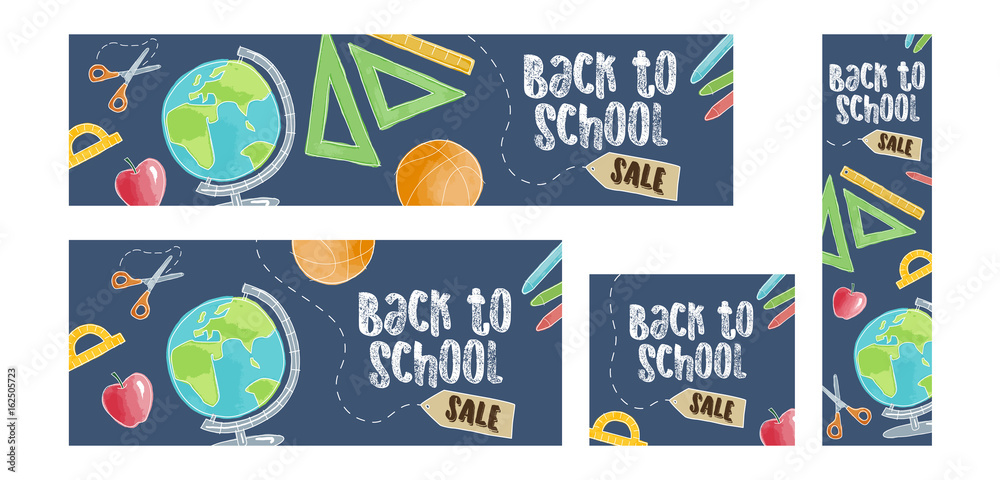 Back to school sale set of four web banners. Four different sizes, doodle cartoon style