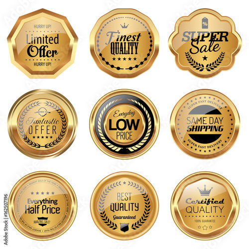Set of advertising badges. Golden luxury icons.