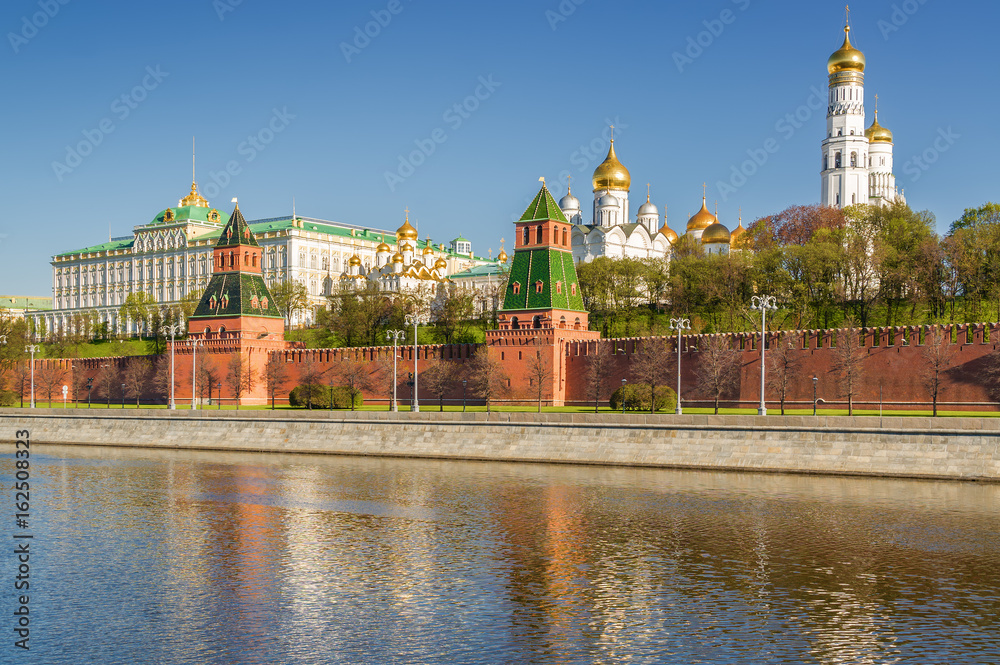 Morning view of  Moskva River, embankments, Kremlin Towers in Moscow, Russia.