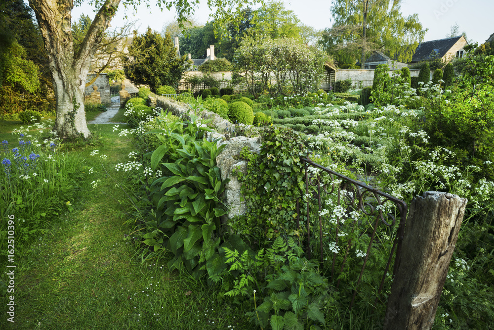 View of garden with fence, flower beds, shrubs and trees, buildings in the background.