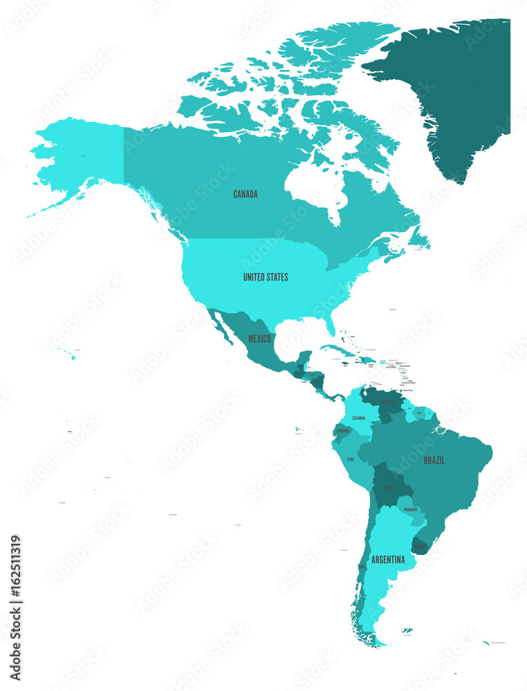 Political map of Americas in four shades of turquoise blue on white background. North and South America with country labels. Simple flat vector illustration.