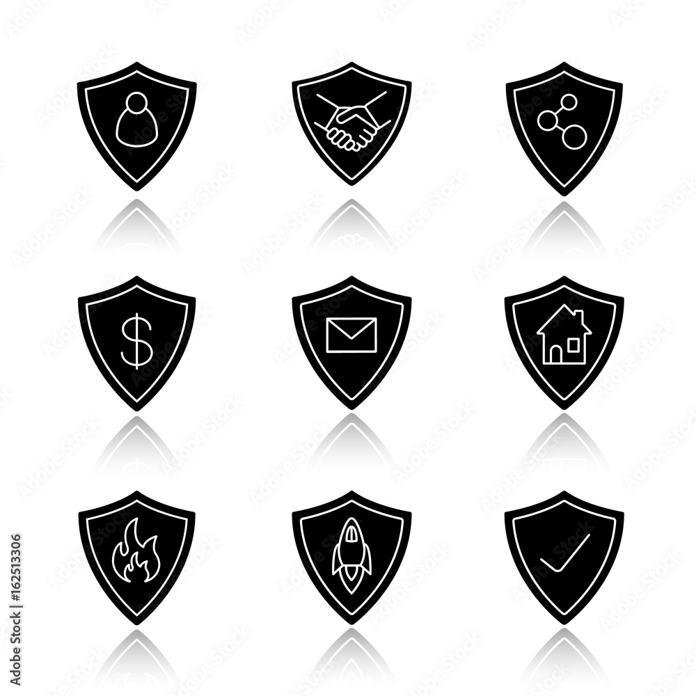 Protection shields drop shadow black glyph icons set Protection shields drop shadow black glyph icons set