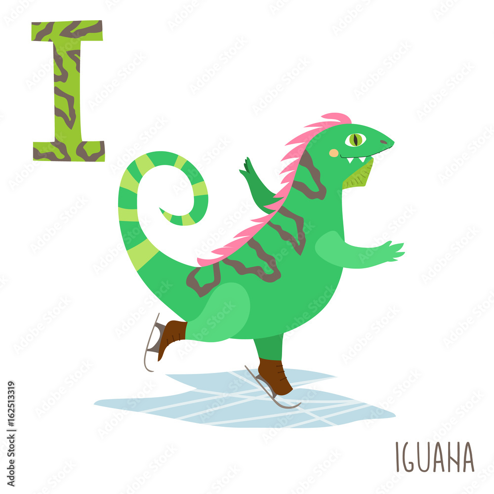 Fototapeta premium Vector cute kids animal alphabet. Letter I for the Iguana