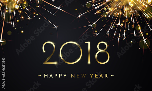2018 Happy New Year Background texture with glitter fireworks. Vector gold glittering text and numbers.