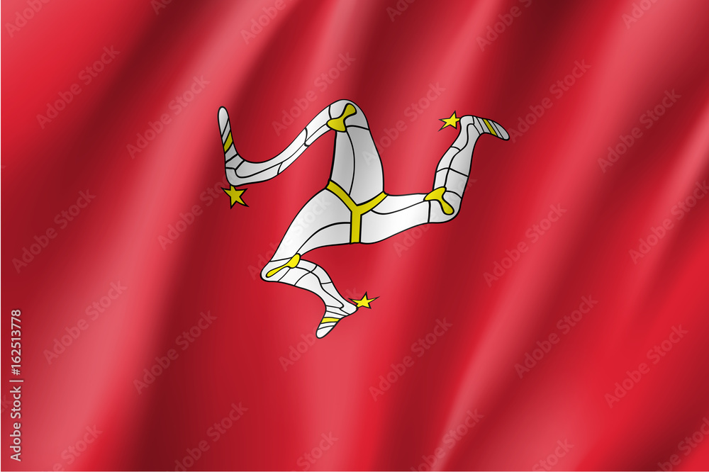 Isle of Man in the British Isles national flag, triskelion of three  armoured legs with golden spurs, upon a red backgroun. Vector realistic  style illustration Stock Vector | Adobe Stock
