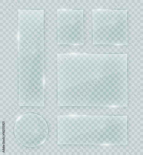 Transparent vector glass shapes. Abstract plastic banner design elements collection with transparency.