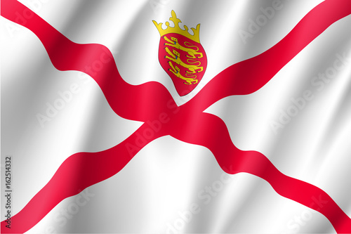 Jersey national flag, island, dependency of the United Kingdom, red saltire on a white field, surmounted by a yellow crown, and the badge. Vector realistic style illustration
