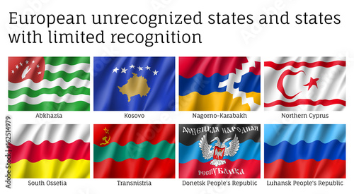European unrecognized and with unlimited recognition states waving realistic flags, Abkhazia, Kosovo, Nogorno Karabakh, Northern Cyprus, South Ossetia, Transnistria, Donetsk, Luhansk people's republic