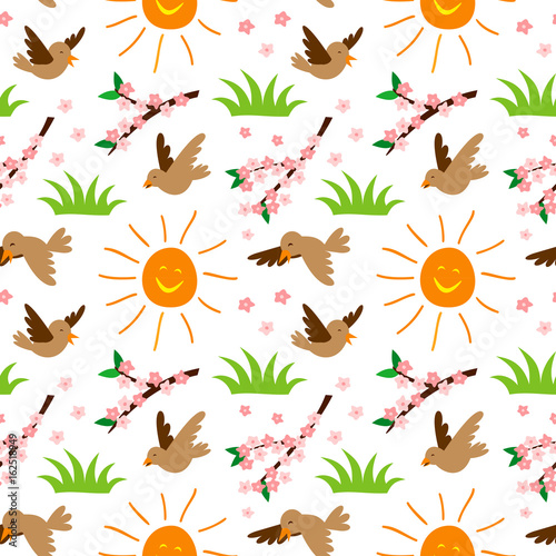 Nature summer sun and bird illustration seamless pattern background floral vector