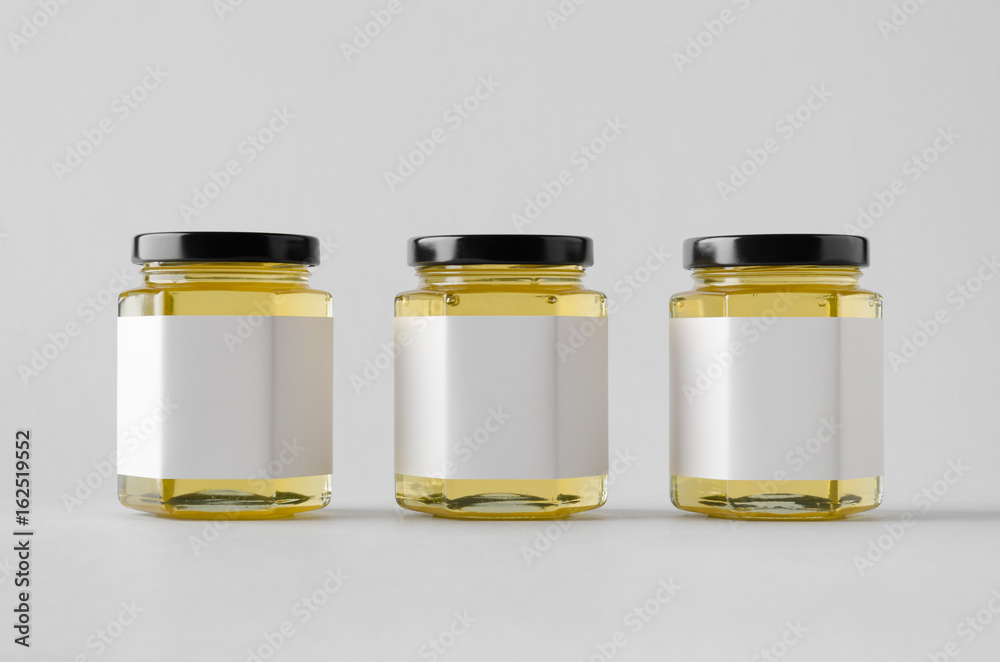 Honey Jar Mock-Up - Three Jars. Blank Label Honey Jar Mock-Up - Three Jars. Blank Label