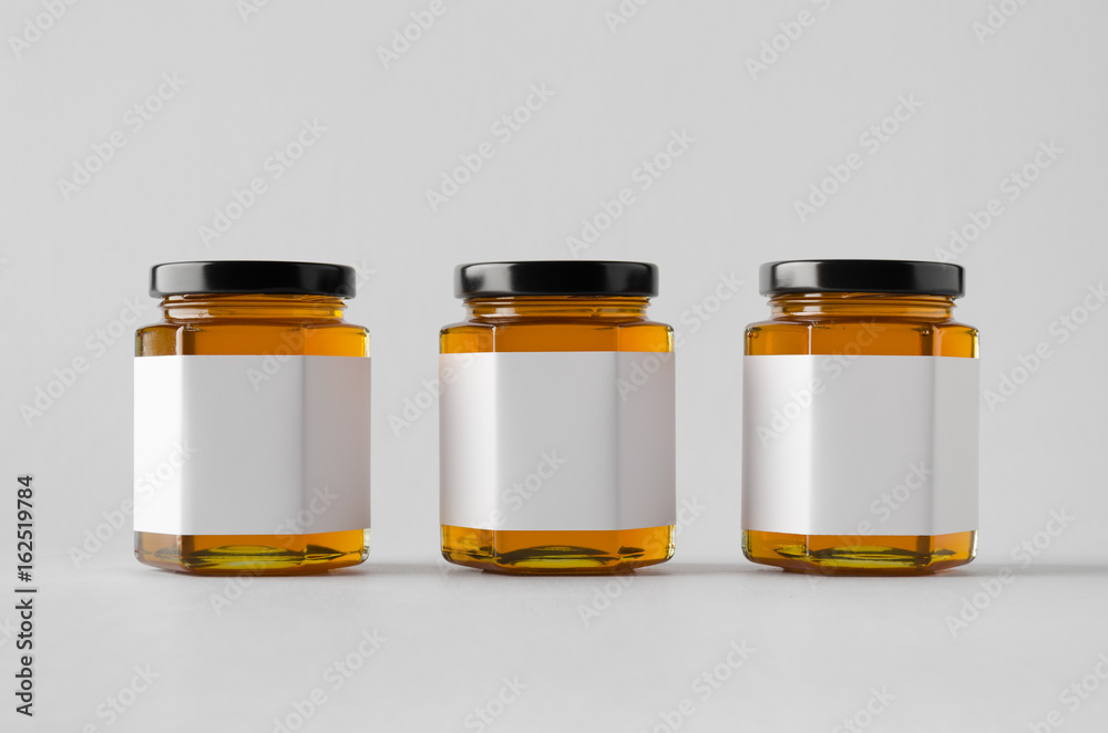 Honey Jar Mock-Up - Three Jars. Blank Label Honey Jar Mock-Up - Three Jars. Blank Label