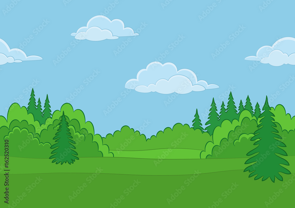 Horizontal Seamless Background Landscape, Summer Forest with Green Grass, Blue Sky and Clouds. Vector