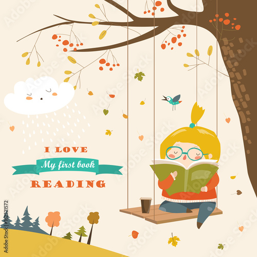 Cute girl swinging and reading a book in autumn park