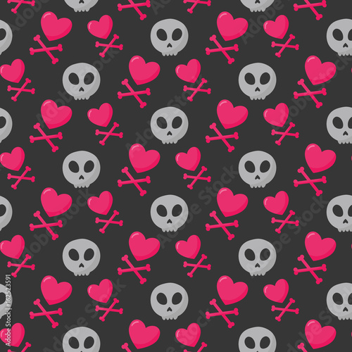 Skull, heart and crossbones seamless pattern