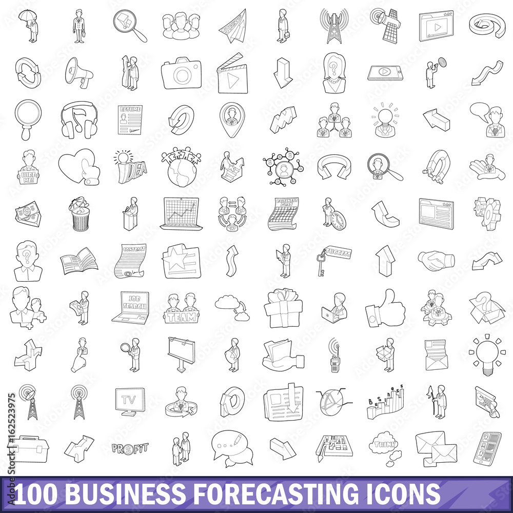 100 business forecasting icons set, outline style