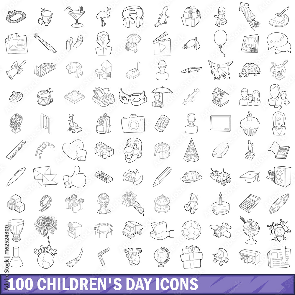 100 children day icons set, outline style
