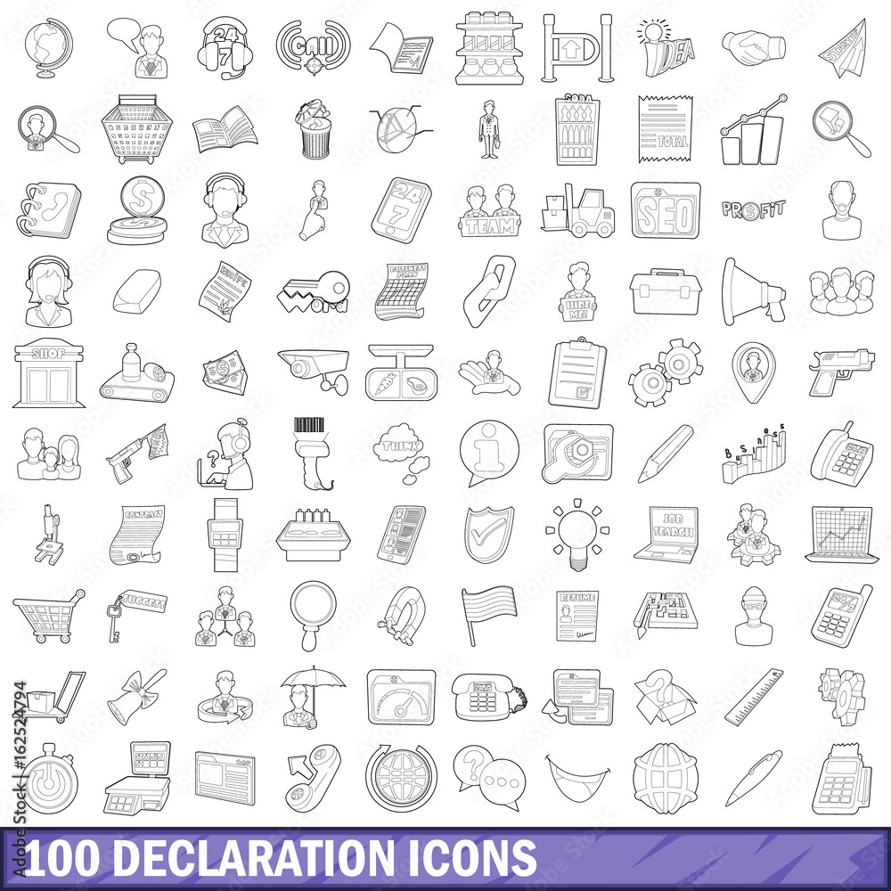100 declaration icons set, outline style 100 declaration icons set, outline style