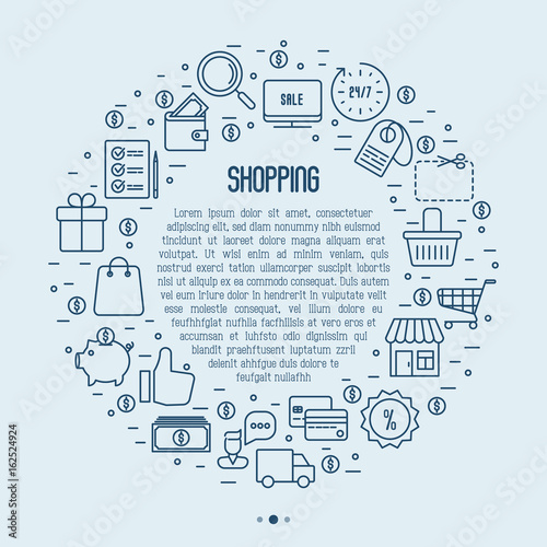 E-commerce, shopping concept with thin line icons in circle and place for text inside. Banner template for online shop. Vector illustration. © AlexBlogoodf