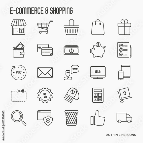 E-commerce, shopping thin line icons set contains such element as shopping cart, payment method, delivery, sale. Vector illustration.