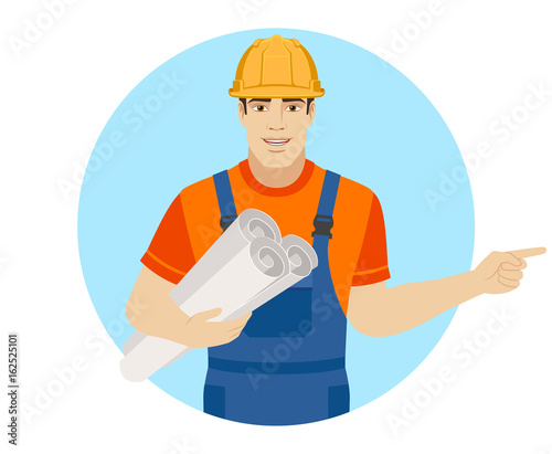 Builder holding the project plans and pointing something beside of him