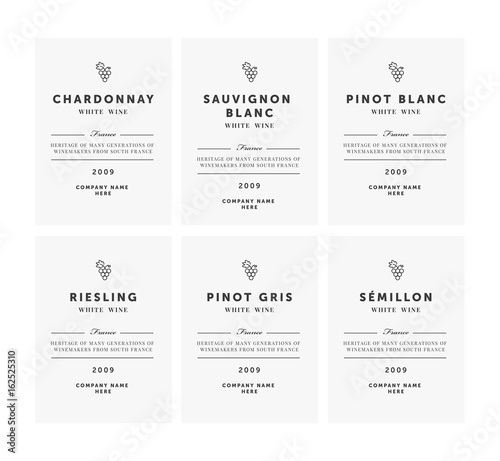 White wine labels. Vector premium template set. Clean and modern design. Shardonnay, Pinot Blanc, Riesling, Sauvignon, Semillion.