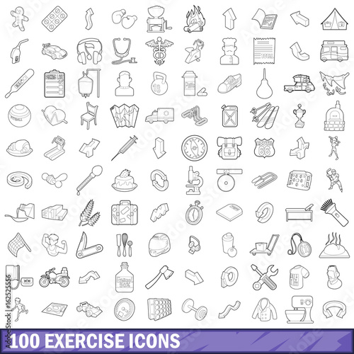 100 exercise icons set, outline style