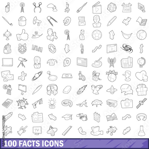100 fact icons set, outline style