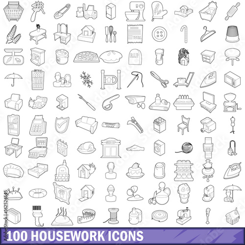 100 housework icons set, outline style