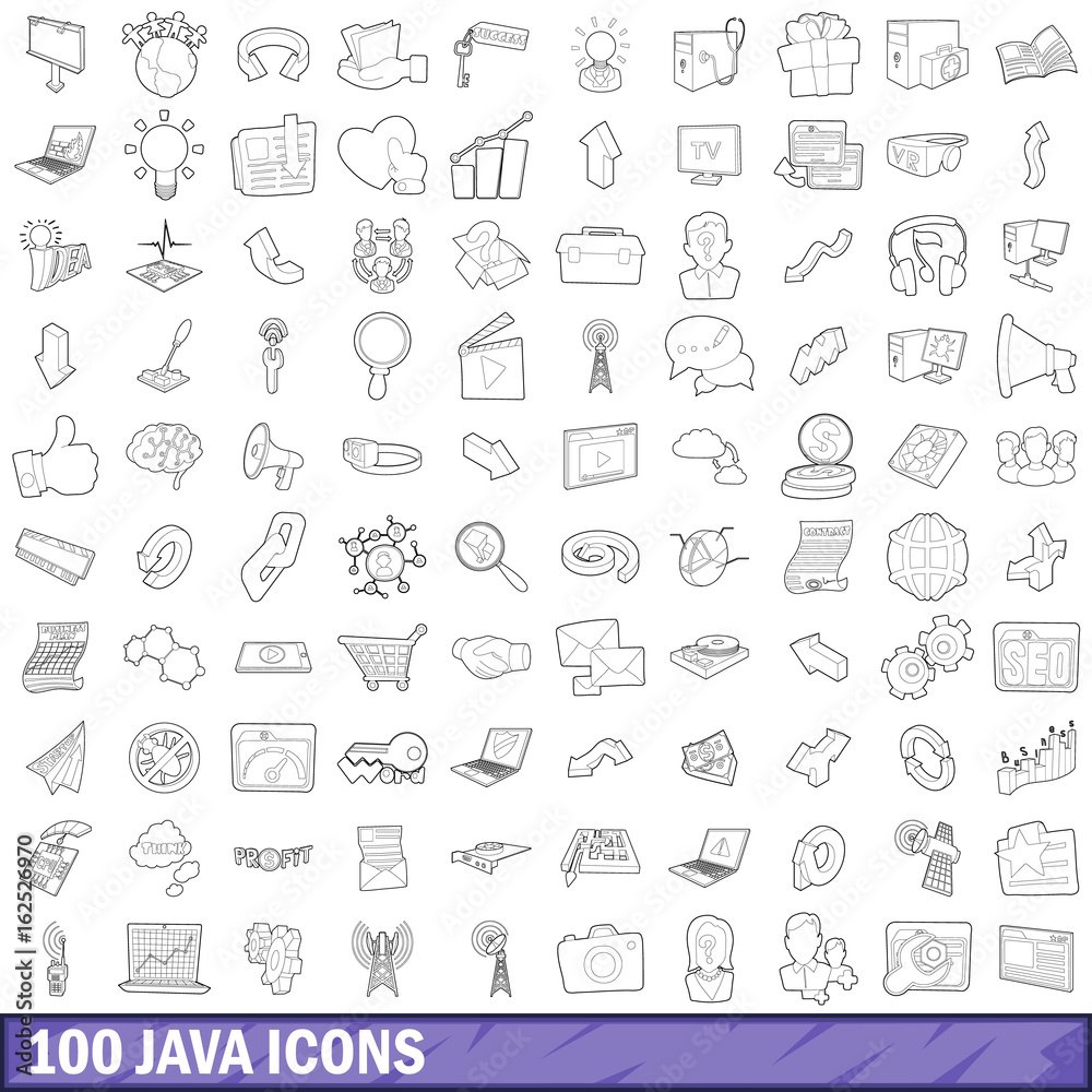 100 java icons set, outline style
