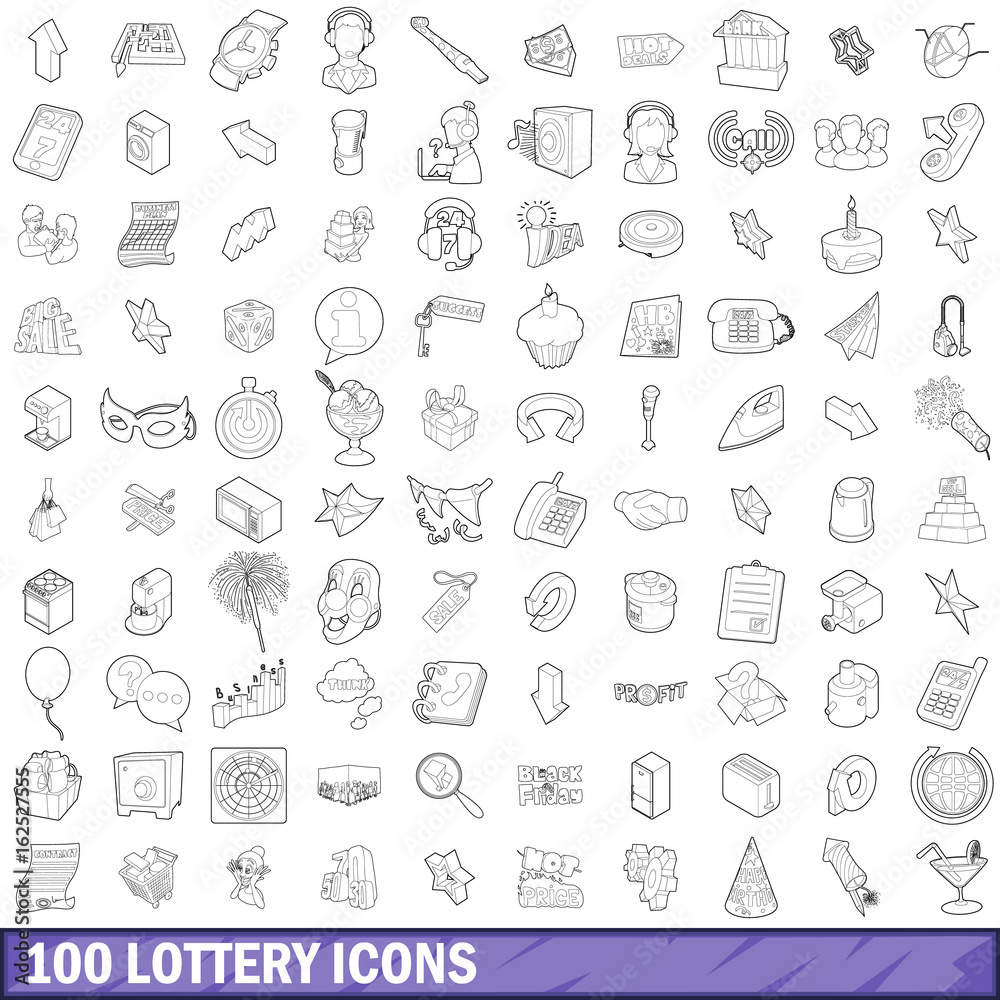 100 lottery icons set, outline style