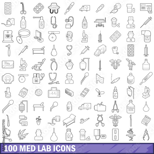 100 med lab icons set, outline style