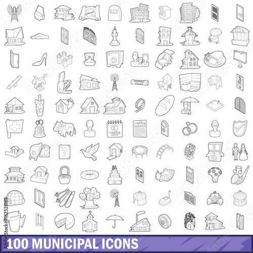 100 municipal icons set, outline style