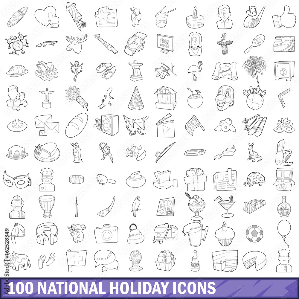 100 national holiday icons set, outline style