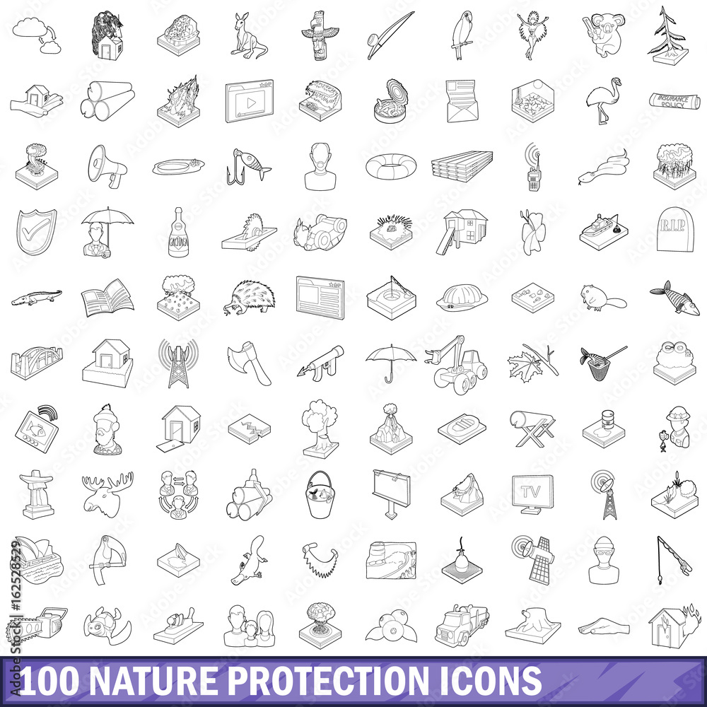 100 nature protection icons set, outline style