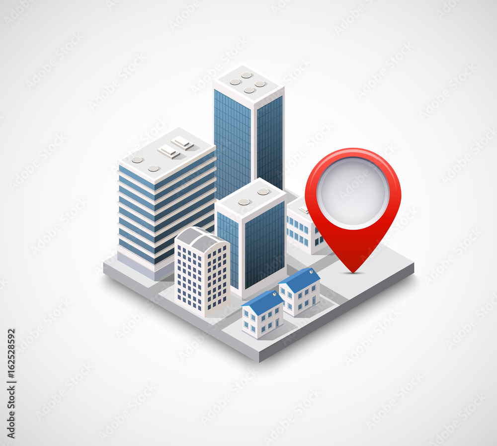 Isometric pin icon on the navigation map for positioning travel and transport