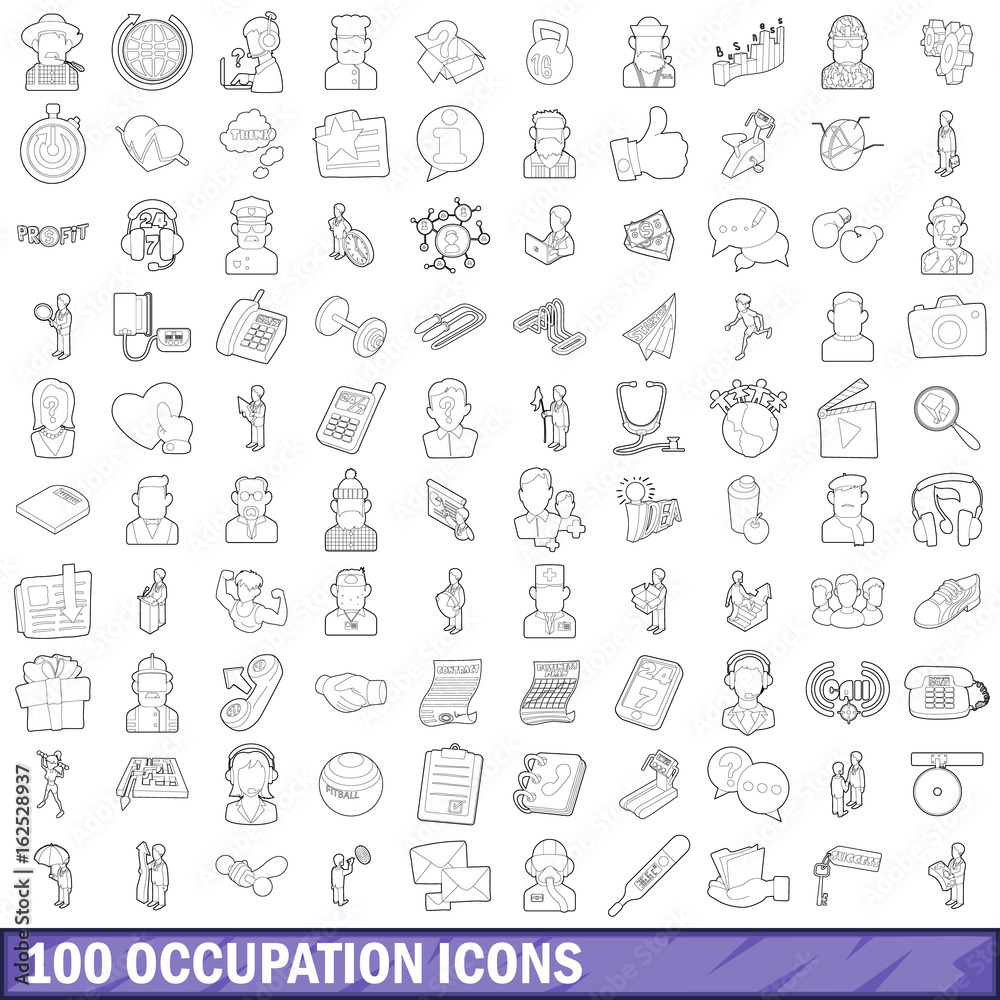 100 occupation icons set, outline style
