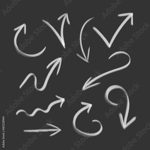 Hand drawn arrow set icon. Collection of pencil sketch symbols. Vector illustration on black background.